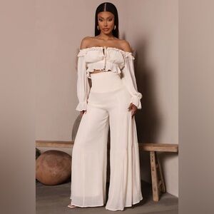 Fashion Nova Cream Off-Shoulder Wide Leg Stylish Set